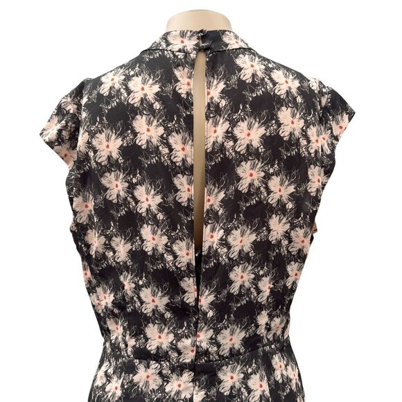 Reiss Floral Crawford Fluid Dress V-Neck Keyhole Black Flowy Cap Sleeve Women 12 - Picture 3 of 15